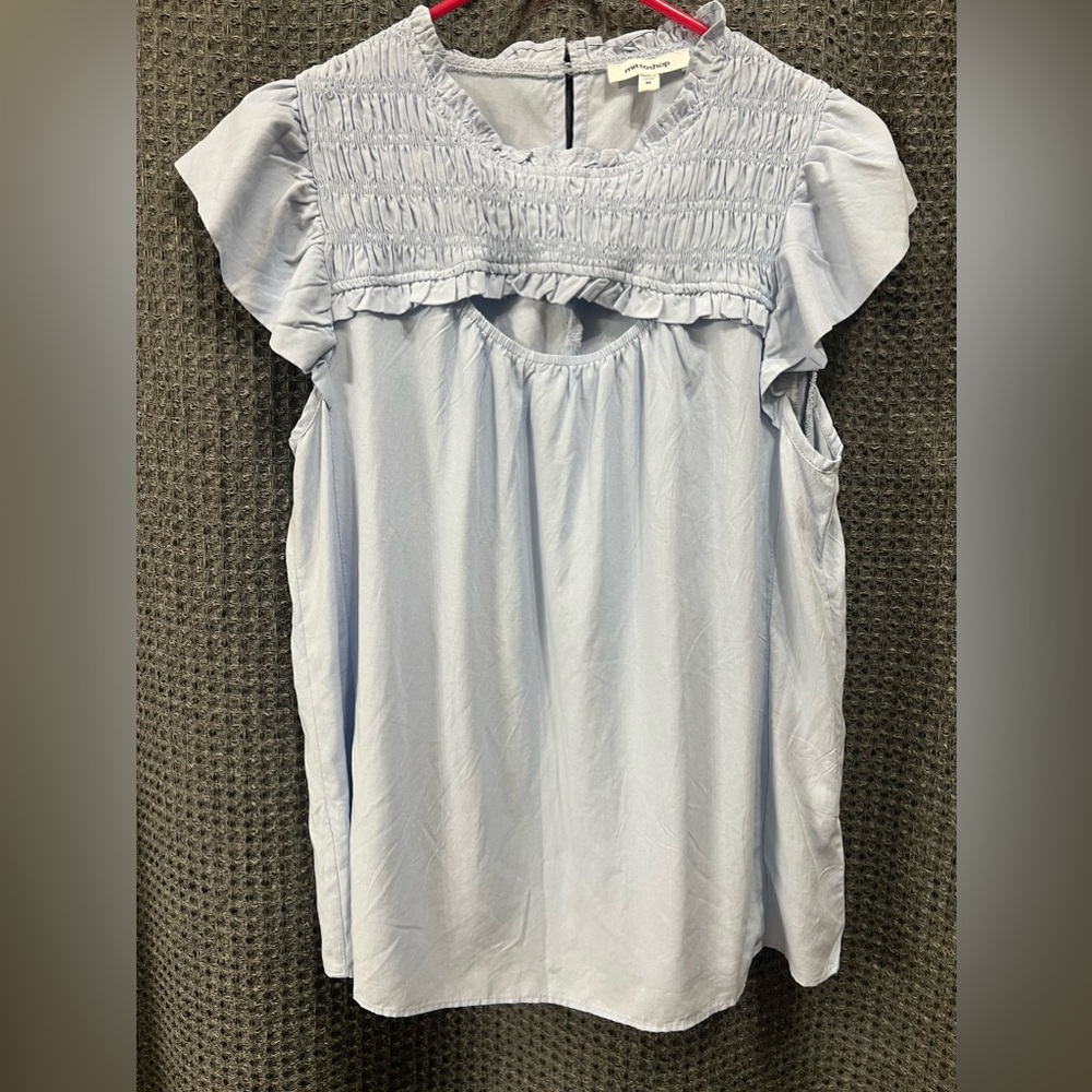 Mittoshop Baby blue front cut out Smocked Blouse Size medium